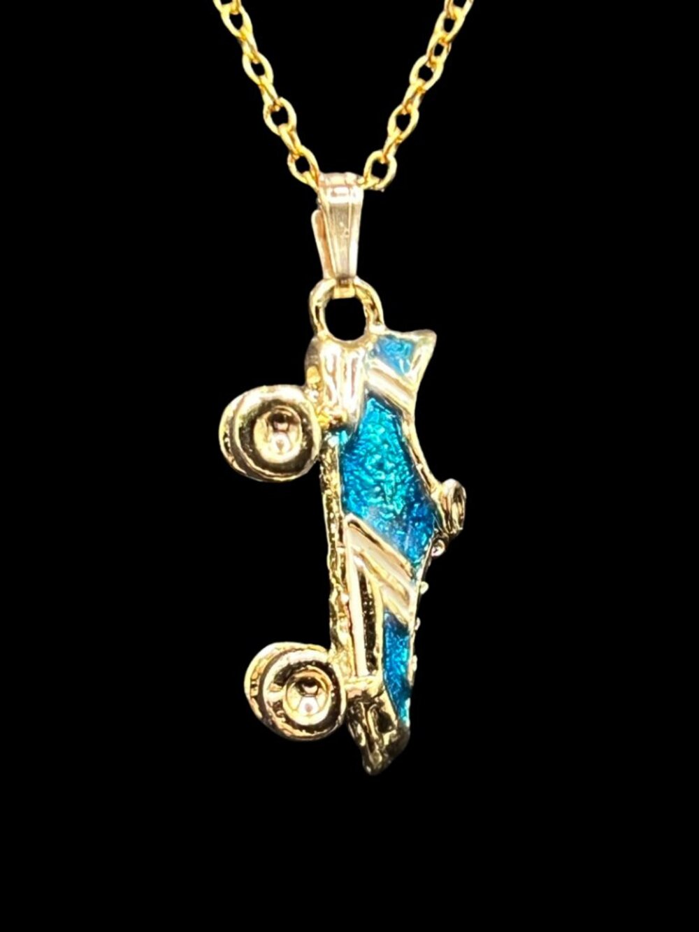 Vintage Gold and Enamel Rollerskate Pendant Necklace 14K Gold-Filled